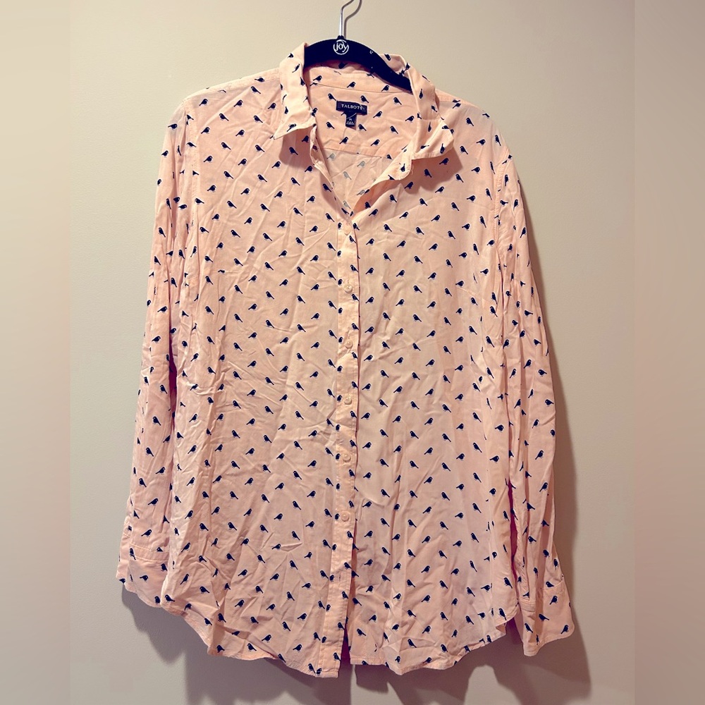 Talbots pink black bird print blouse top Size Medium‎ women's long sleeve button